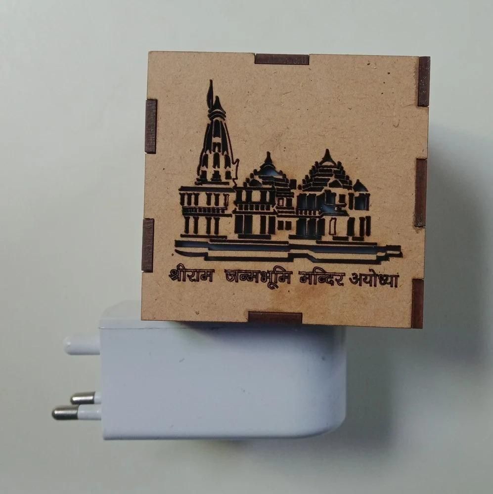 3-in-1 Ram Mandir Aroma Diffuser & LED Lamp – Wooden Temple Burner