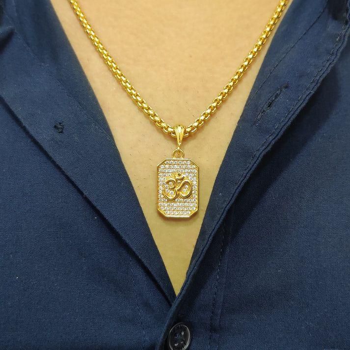 Gold-Plated Om Pendant with Chain – Diamond-Studded Alloy for Men