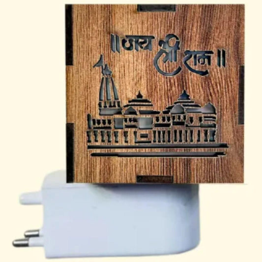 3-in-1 Ram Mandir Aroma Diffuser & LED Lamp – Wooden Temple Burner
