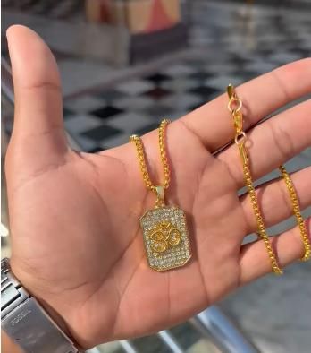 Gold-Plated Om Pendant with Chain – Diamond-Studded Alloy for Men