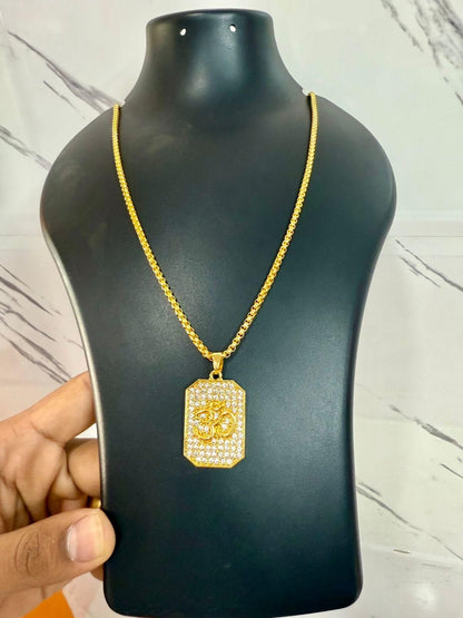 Gold-Plated Om Pendant with Chain – Diamond-Studded Alloy for Men