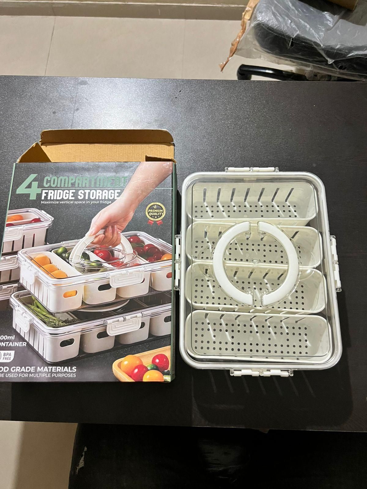 4-Compartment Fridge Storage Box – Multipurpose Organizer Tray with Lid
