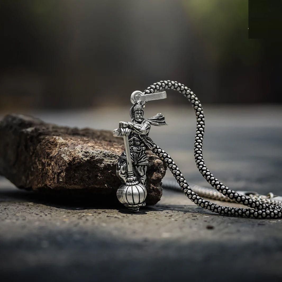 Silver-Plated Hanumanji Pendant with Gada – Divine Strength Chain for Men